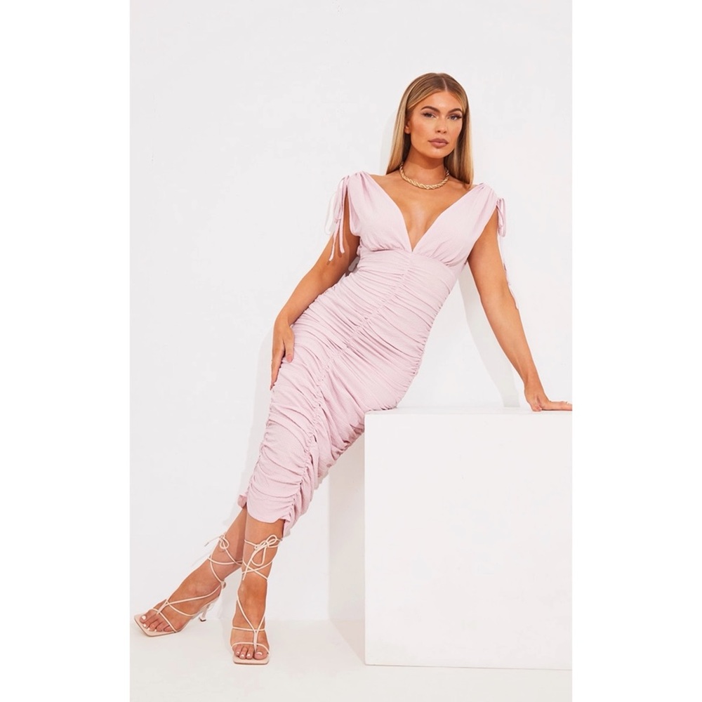 Blushed textured Tie Shoulder Ruched Midi Dress